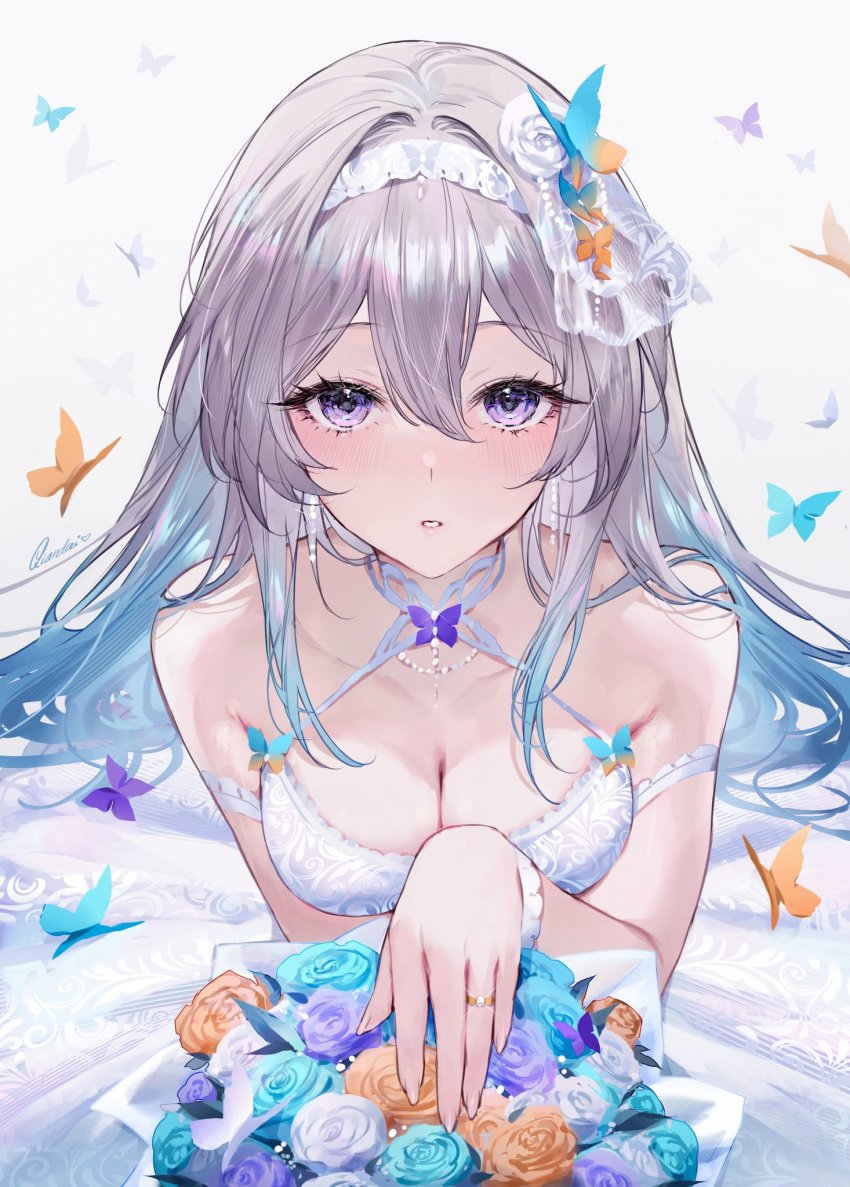 1girls butterflies butterfly cleavage cleavage_cutout female female_focus female_only firefly_(honkai:_star_rail) flower flower_in_hair flowers gradient_hair grey_hair honkai:_star_rail honkai_(series) light-skinned_female light_skin long_hair looking_at_viewer medium_breasts purple_eyes qiandaiyiyu ring ring_on_finger romantic romantic_ambiance surprise surprised surprised_expression tagme wedding wedding_dress wedding_lingerie wedding_ring