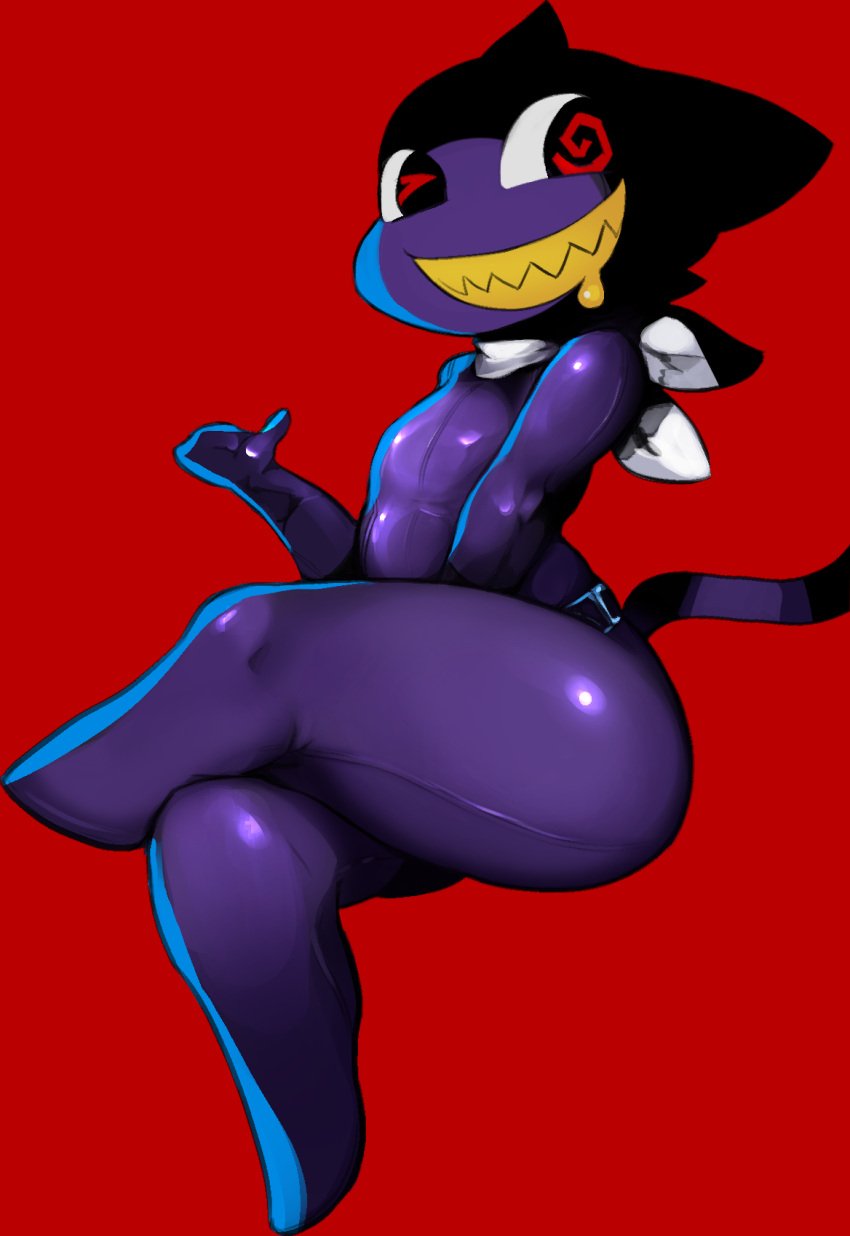 ambiguous_gender atlus beta_design beta_morgana_(persona) clothing domestic_cat felid feline felis hi_res latex latex_clothing latex_skinsuit looking_at_viewer mammal megami_tensei megami_tensei_persona rainkoat rubber_clothing sega skinsuit solo tight_clothing