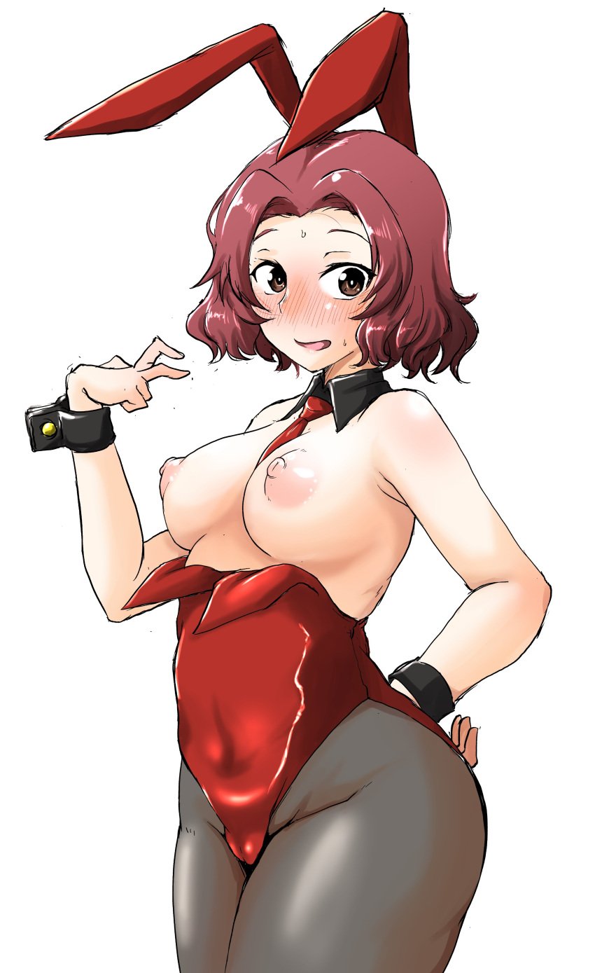 1girls blush breasts brown_eyes bunnysuit cameltoe cleft_of_venus fake_animal_ears female girls_und_panzer hand_on_hip kami_ryuoo large_breasts leotard leotard_pull looking_at_viewer nipples open_mouth pantyhose playboy_bunny red_hair rosehip solo sweat