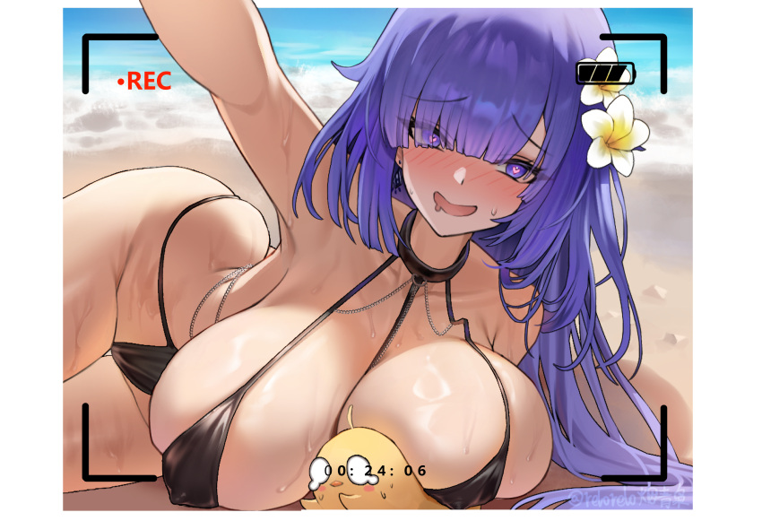 1girls artist_request azur_lane bare_shoulders beach bikini black_one-piece_swimsuit blush breasts dylanlin female flower hair_flower hair_ornament hair_over_one_eye heart heart-shaped_pupils highres large_breasts long_hair looking_at_viewer manjuu_(azur_lane) mogador_(azur_lane) mogador_(locker_room_lechery)_(azur_lane) mole mole_on_breast navel official_alternate_costume one-piece_swimsuit open_mouth purple_eyes purple_hair recording recording_video swimsuit symbol-shaped_pupils very_long_hair white_flower