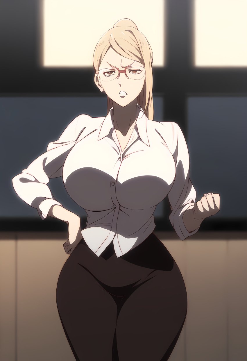 1girls ai_generated akiyama_kaede angry angry_face blonde_hair breasts breasts brown_eyes clothed clothed_female clothing collarbone curvaceous curves curvy curvy_body curvy_female curvy_figure curvy_hips female female_only glasses huge_breasts kengan_(series) large_breasts legs legs_together light-skinned_female light_skin novelai pale-skinned_female pale_skin ponytail shirt solo solo_female standing thick_thighs thighs voluptuous voluptuous_female white_shirt white_skin