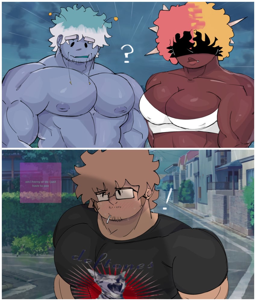 1girls 2boys alien bara_tiddies bara_tits big_breasts big_chest big_pecs big_pectorals blue_skin blush bra chest cigarette clothed comic_page faceless_female female flustered glasses gradient_hair height_difference looking_up male/male/female man_boobs mentholplug moobs muscular muscular_female muscular_male original_characters pecs pectorals