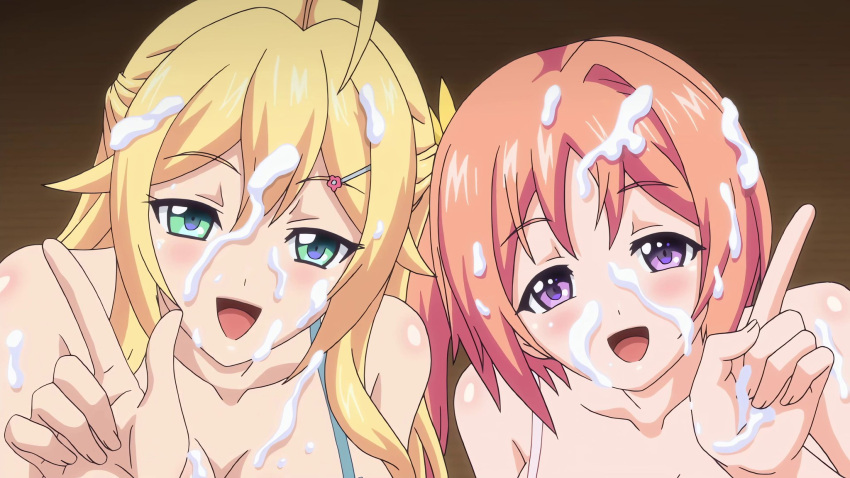 2girls blonde_hair blonde_hair_female blue_bra bra breasts clothing cum cum_in_hair cum_on_face green_eyes hiiragi_kururu large_breasts long_hair long_hair_female looking_at_viewer mankitsu_happening mitsuki_otona multiple_girls open_mouth open_mouth_smile pink_bra pink_hair pink_hair_female purple_eyes short_hair short_hair_female smile