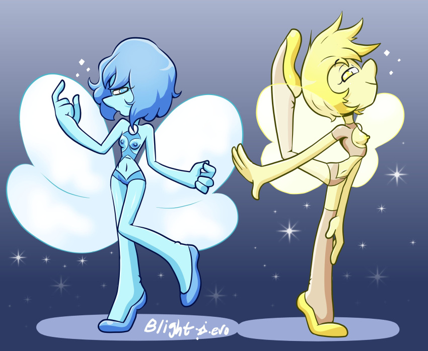 2girls artist_name ballet_slippers blightstar blue_body blue_eyes blue_pearl_(steven_universe) breastless_clothes breastless_clothing breasts_out cutout exposed_breasts female female_only flashing_breasts flexible flowing_clothing gem_(species) gem_on_chest half-closed_eyes looking_at_viewer midriff pearl_(gem) posing side_view sparkles steven_universe tagme vertical_splits yellow_body yellow_eyes yellow_pearl_(steven_universe)