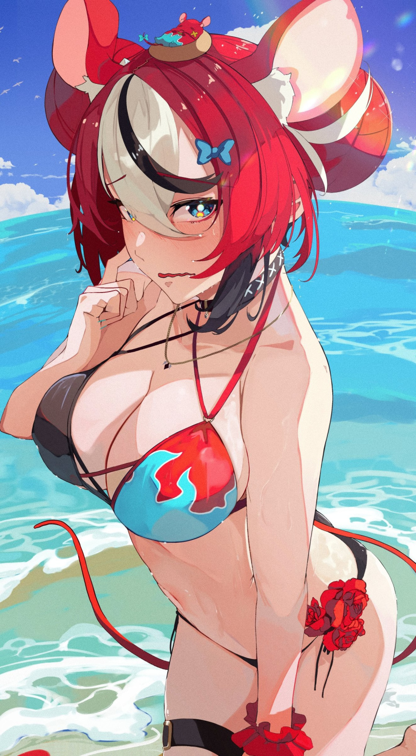 1girls 2d 2d_(artwork) alternate_costume animal_ears beach big_breasts bikini bikini_bottom bikini_top black_hair black_thong blue_eyes blush bra cleavage clouds day embarrassed embarrassed_female fan_mascot_(vtuber) female female_focus female_only hair_accessory hairbow hakos_baelz high_resolution highres hololive hololive_english kemono kemonomimi light-skinned_female light_skin looking_at_viewer moyomo mr._squeaks_(hakos_baelz) multicolored_hair ocean outdoors rat_ears rat_girl rat_tail red_hair sea short_hair sky slim_girl solo solo_female solo_focus standing summer swimsuit thong thong_bikini three_tone_hair two_piece_swimsuit upper_body virtual_youtuber vtuber vtuberfanart water white_hair young younger_female