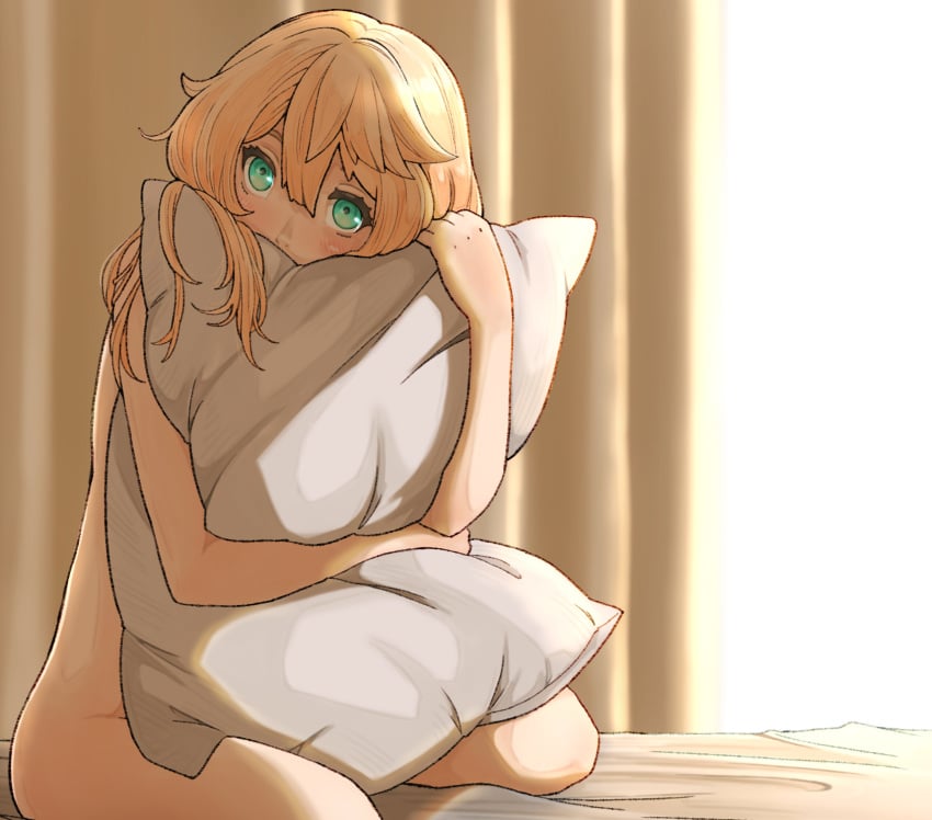 1boy aqua_eyes bed bedroom blonde_hair blue_eyes blush bridget completely_nude covered_mouth covering covering_body covering_self curtains femboy green_eyes guilty_gear guilty_gear_strive highres hugging_object hugging_pillow indoors kneeling long_hair looking_at_viewer male mouth_covered nude otoko_no_ko pillow pillow_grab pillow_hug sitting solo sugag trap