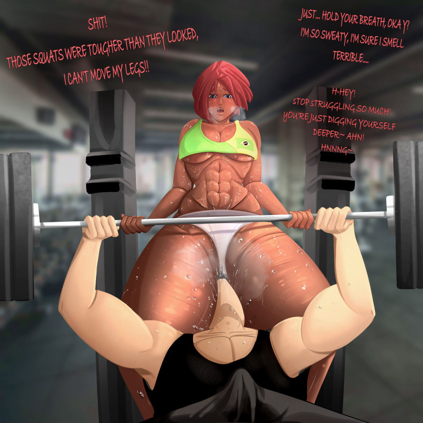 1boy 1girls abs between_thighs brazilian brazilian_female bulge dark-skinned_female dark_skin erection erection_under_clothes face_in_crotch facesitting female giovanna_(guilty_gear) gorobot guilty_gear gym huge_ass latina male muscular panties penis red_hair sweat tenting thick_thighs weightlifting