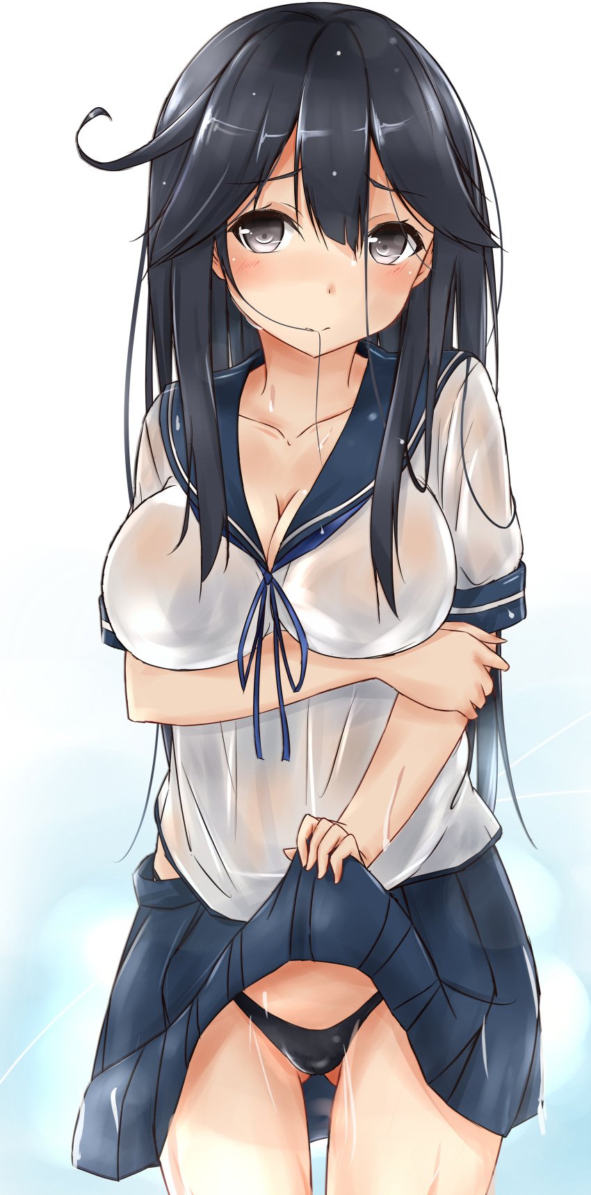 absurdres black_hair black_panties breast_hold breasts cameltoe cleavage female grey_eyes hair_in_mouth highres kantai_collection large_breasts looking_at_viewer panties saku_(kudrove) school_uniform see-through serafuku skirt skirt_lift solo underwear ushio_(kantai_collection) wet wet_clothes