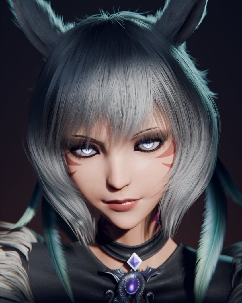 3d animal_ears clothed ears_up feathers final_fantasy final_fantasy_xiv glowing_eyes looking_at_viewer miqo'te seductive_look smiling tipsynd white_hair y'shtola