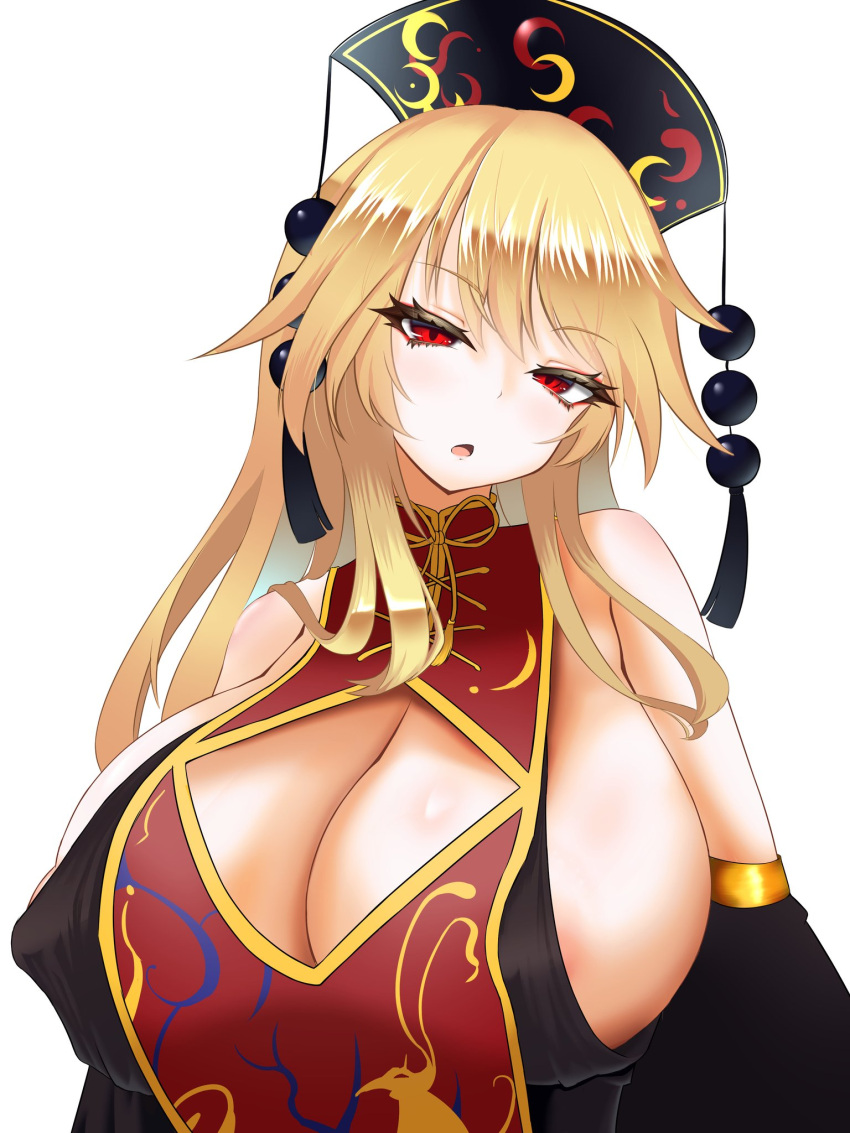 1girls alternate_version_available areolae_slip big_breasts blonde_hair boob_window breasts cleavage clothed_female hat junko_(touhou) light-skinned_female long_hair mature_female milf nuekane red_eyes sideboob solo solo_female touhou white_background