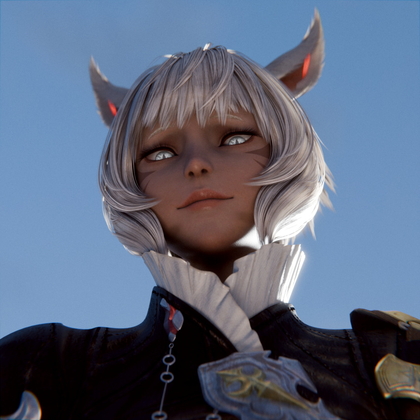 3d animal_ears clothed final_fantasy final_fantasy_xiv glowing_eyes looking_at_viewer looking_down looking_down_at_viewer miqo'te smiling stare tipsynd white_hair y'shtola