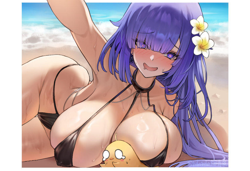 azur_lane bare_shoulders beach black_one-piece_swimsuit blush breasts dylanlin female flower hair_flower hair_ornament hair_over_one_eye heart heart-shaped_pupils highres large_breasts long_hair looking_at_viewer manjuu_(azur_lane) mogador_(azur_lane) mogador_(locker_room_lechery)_(azur_lane) mole mole_on_breast navel official_alternate_costume one-piece_swimsuit open_mouth purple_eyes purple_hair swimsuit symbol-shaped_pupils very_long_hair white_flower