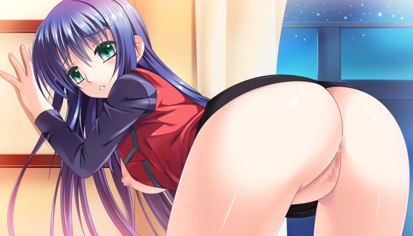 ass blue_hair breasts censored female green_eyes highres kouichi_eiji long_hair nipples no_panties open_clothes original pussy skirt skirt_lift solo