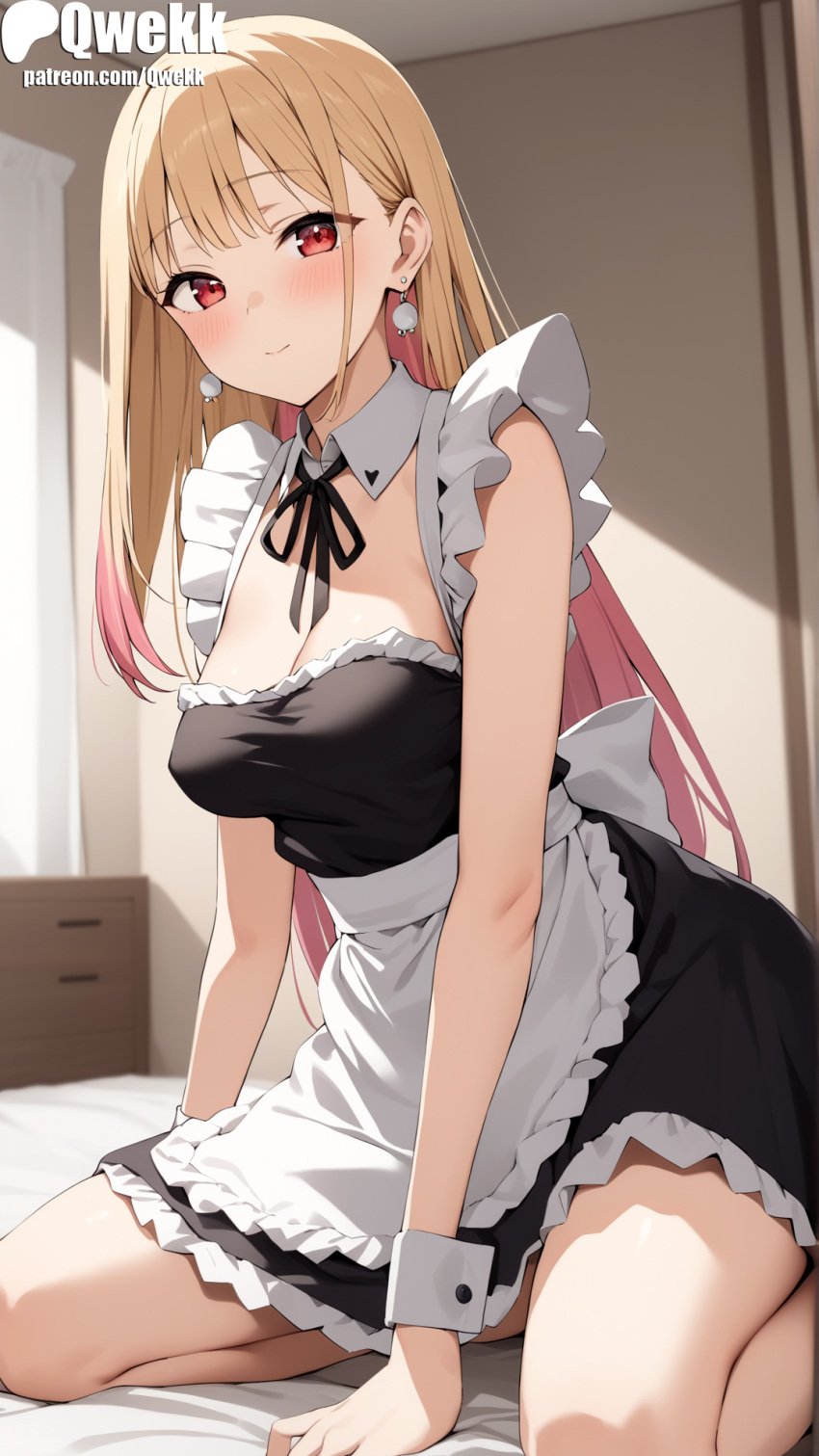 1girls ai_generated bangs big_breasts blonde_hair blush breasts cute earrings female female_focus female_only hi_res kitagawa_marin light-skinned_female light_skin long_hair looking_at_viewer maid qwekk solo sono_bisque_doll_wa_koi_wo_suru stable_diffusion straight_hair sweat