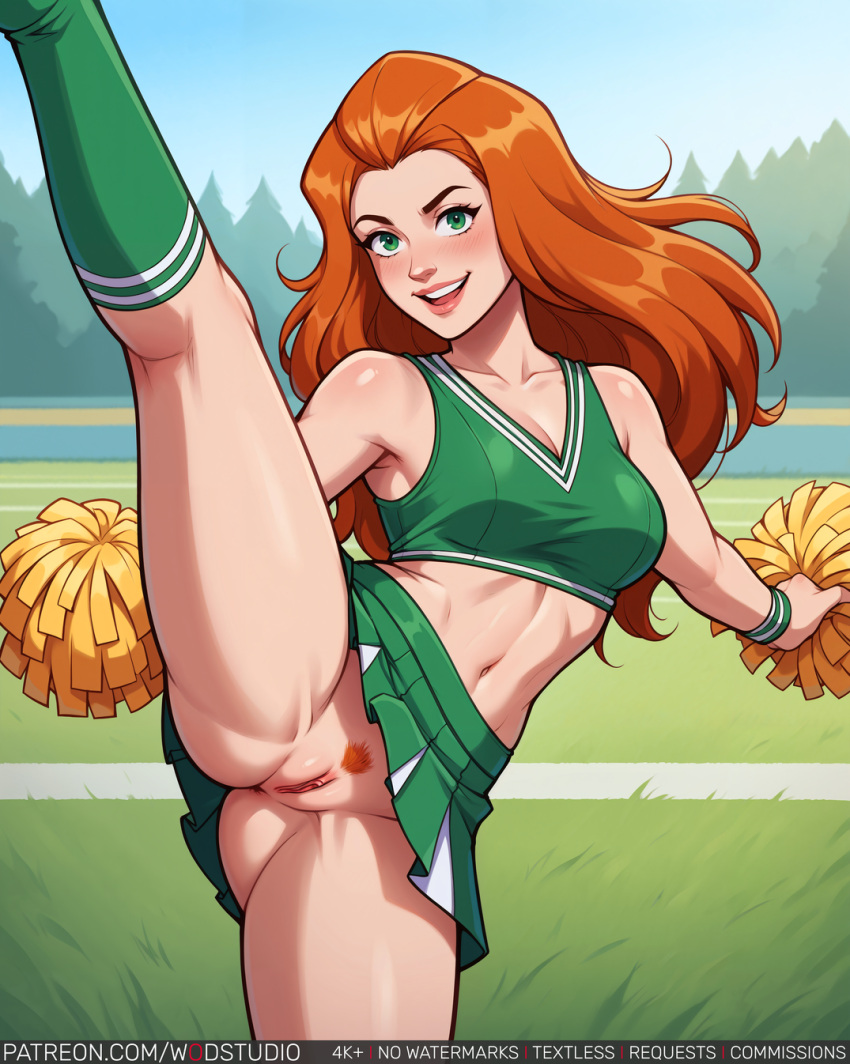 ai_generated anus artist_name ass bare_arms bare_shoulders blush breasts cartoon_network cheerleader cleavage clothing crop_top day female female_only female_pubic_hair footwear freckles green_eyes green_footwear green_shirt green_skirt green_socks holding holding_pom_poms knee_socks kneehighs kneesocks leg_up lips long_hair looking_at_viewer midriff navel nipples nopan open_mouth orange_hair outdoors patreon_username pleated_skirt pom_pom_(cheerleading) pom_poms pubic_hair sam_(totally_spies) shiny shiny_hair shirt skirt sleeveless smile socks solo sportswear standing standing_on_one_leg teeth teletoon thighs totally_spies uncensored uniform vagina watermark web_address wodstudio