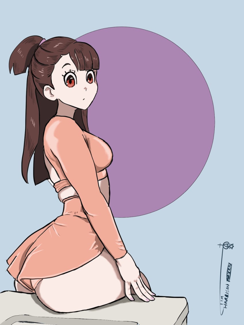 1girls akko_kagari ass ass_focus atsuko_kagari brown_hair female female_only ironsiderodger little_witch_academia looking_back pinup red_eyes