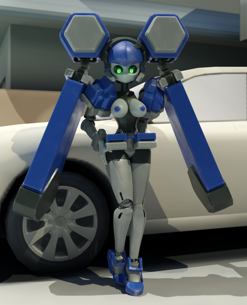 1girls 3d 3d_(artwork) background belt big_breasts blazermate blender blue_nipples breasts breasts_out car female female_only green_eyes gynoid hand_on_hip highres hips legs legs_together long_legs lorded medarot no_mouth panties partially_clothed posing robot robot_girl robot_joints solo solo_female thighhighs twintails two_tone_body