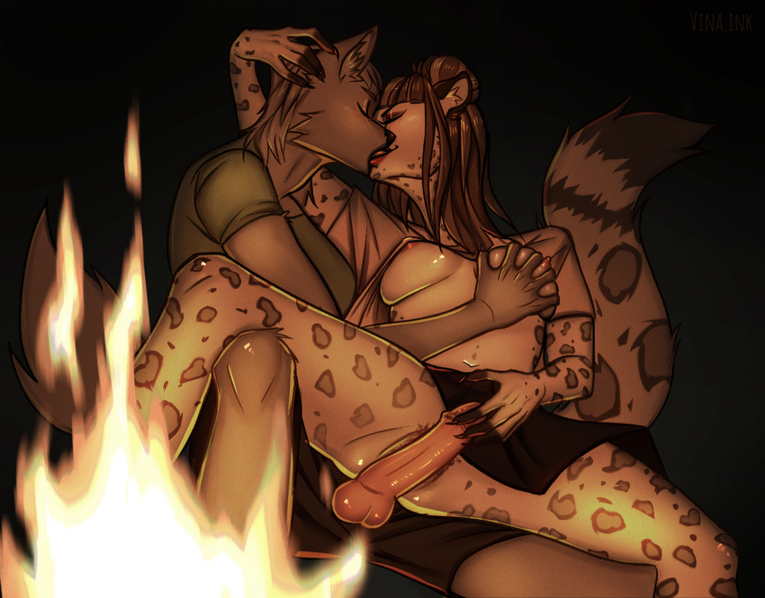 anthro areola balls bonfire bottomwear breast_grab breasts canid canine canis closed_eyes clothed clothing digital_media_(artwork) duo erection felid female fire french_kissing fur genitals hair hand_on_breast hand_on_head hand_on_penis hi_res humanoid_genitalia humanoid_penis kissing male male/female mammal navel night nipples no_underwear nude outside pantherine penis pussy raised_bottomwear raised_clothing raised_shirt raised_skirt raised_topwear romantic romantic_ambiance romantic_couple shirt shorts simple_background skirt smile snow_leopard tail topwear vina.ink wolf