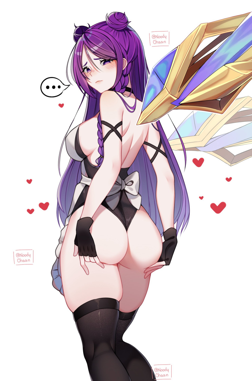 1girls alternate_costume ass blush female female_only fingerless_gloves from_behind fully_clothed grabbing_own_ass hair_bun heart k/da_kai'sa k/da_series kai'sa league_of_legends long_hair looking_back maid_uniform no_bra noodychaan purple_eyes purple_hair revealing_clothes sideboob simple_background solo solo_female spoken_ellipsis standing stockings thighhighs