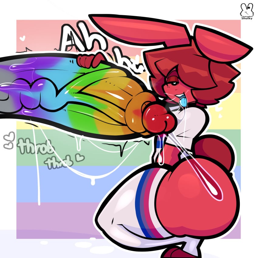 1femboy alternate_version_available bisexual_pride_colors blue_tongue bunny_ears bunny_tail femboy heart-shaped_pupils huge_cock lgbt_pride male/male multicolored_skin original original_character painted_penis precum precum_drip pride_month rainbow_background red_body red_hair shulky shulky_bnuuy tagme throbbing_penis