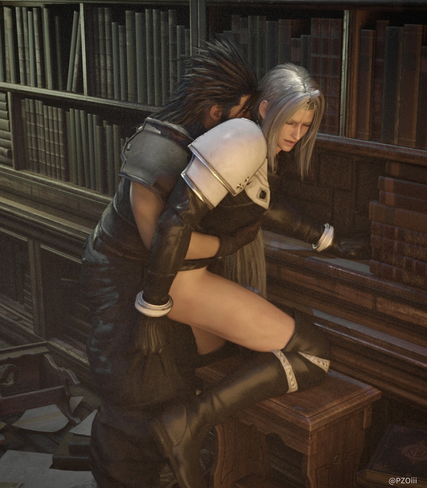 2boys 3d anal anal_sex black_hair boots bottomless clothed clothed_sex final_fantasy final_fantasy_vii gay gay_anal gay_sex gloves knee_boots leaning_against_wall leaning_forward library long_hair male/male male_only one_leg_up pzoiii sephiroth sex sex_from_behind silver_hair spiky_hair square_enix standing_sex tagme yaoi zack_fair