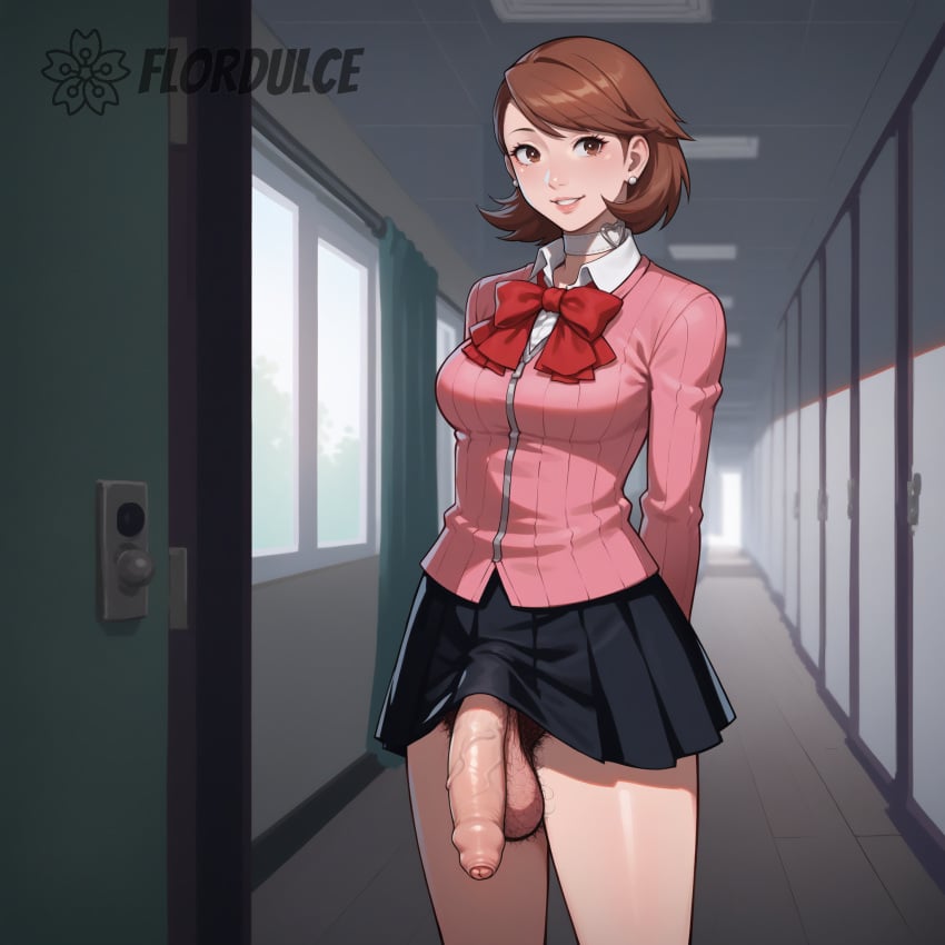 1futa ai_generated ball_hair balls black_skirt bow brown_eyes brown_hair choker flaccid flaccid_penis flordulce foreskin futa_only futanari hairy_balls hairy_testicles hallway indoors persona persona_3 pink_sweater pubic_hair red_bow school_hall school_uniform short_hair skirt smile smiling solo_futa standing testicles yukari_takeba