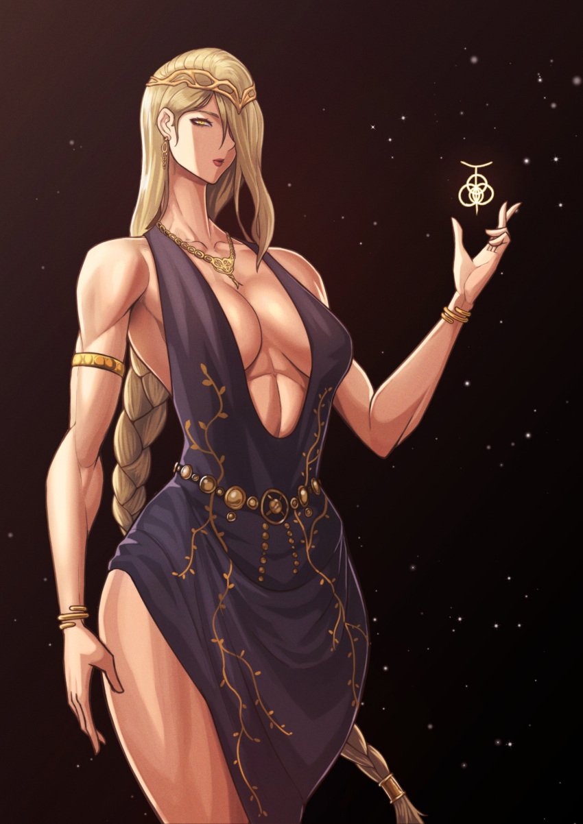 1girls alternate_version_available big_breasts blonde_hair braid cleavage dress elden_ring female female_only fromsoftware kingbang kongman99 milf navel queen_marika_the_eternal solo sweat thick_thighs wide_hips