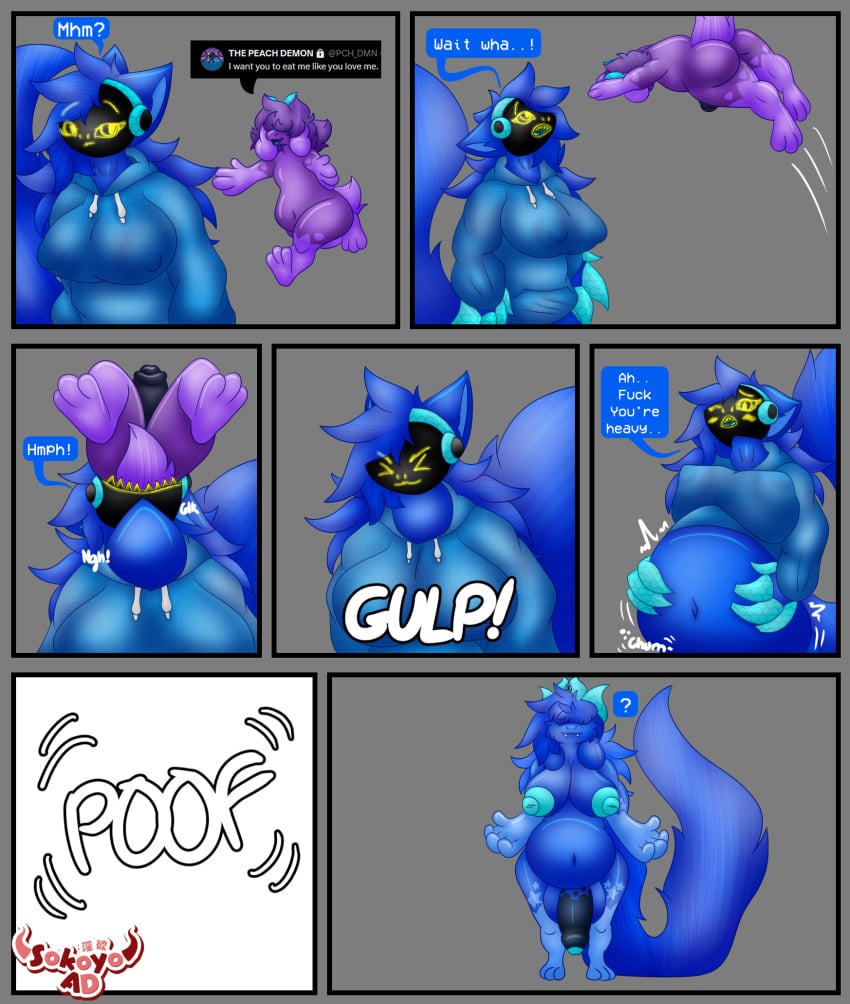 3_toes 4_fingers ambiguous_gender animal_genitalia animal_humanoid animal_penis anthro balls belly big_belly big_breasts big_feet blue_body blue_eyes blue_fur blue_hair blue_penis bottomless bovid bovid_horn breasts canid canine caprine caprine_demon caprine_horn claws clothed clothing confusion cotton_ball_demon cybernetics cyborg demon duo equine_genitalia equine_penis fatal_vore feet fingers fluffy fur genitals goat goat_horn gulp_(sound_effect) gynomorph hair herm hi_res hoodie hoodie_only horn humanoid humanoid_genitalia humanoid_penis inner_ear_fluff intersex jumping long_tail machine mammal mammal_humanoid moan multicolored_body neck_bulge nipple_outline nude nude_anthro onomatopoeia open_mouth oral_vore partially_clothed penis pink_accents protogen protogen_visor purple_body raised_tail same_size_vore semi-willing sequence simple_background size_difference sokoyo_owo sound_effects starry_(sokoyo_owo) swallowing tail teeth text text_box toes topwear topwear_only transformation tuft two_tone_body unwilling_pred vio_(viomarks) vore willing_prey yellow_eyes