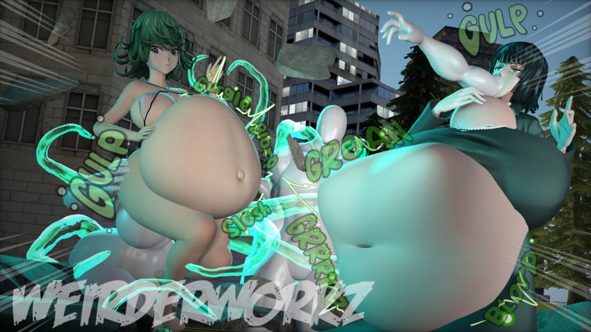 2girls 3d belly big_belly big_breasts breasts female female_pred fubuki_(one-punch_man) huge_belly huge_breasts nipples one-punch_man same_size_vore sisters tatsumaki vore weirderworkz