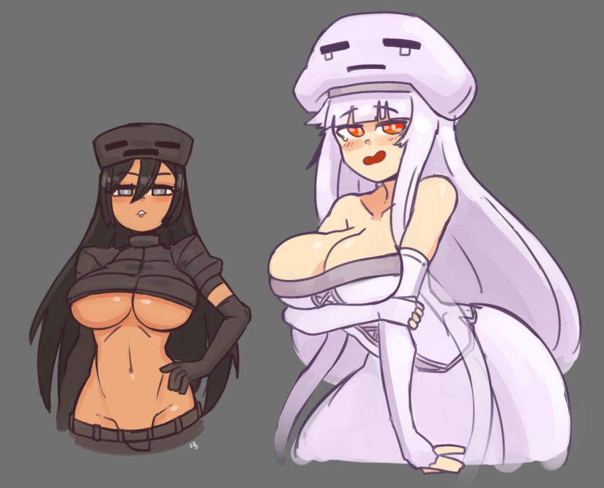 2girls black_gloves black_shirt breasts crop_top dark-skinned_female dark_skin docecaedrus dress female female_only ghast_(minecraft) gloves gray_eyes grey_eyes hat light-skinned_female light_skin minecraft mob_talker personification red_eyes revealing_clothes shirt tagme tan_body tan_skin white_dress white_hair wither_skeleton_(at2.) wither_skeleton_(minecraft) withra