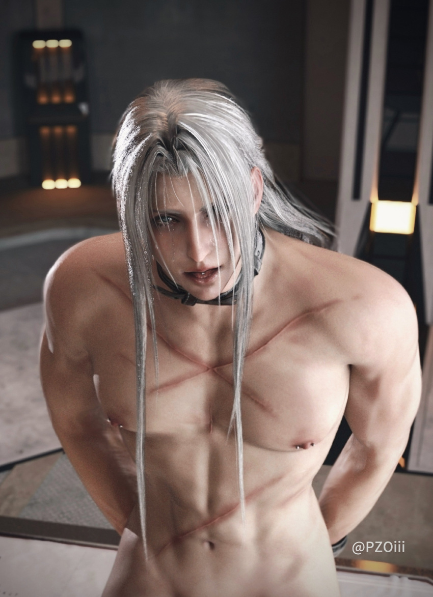 1boy 3d ambush_(trap) collar crying crying_with_eyes_open cuts feminine_male final_fantasy final_fantasy_vii green_eyes hands_behind_back long_hair looking_at_viewer male male_focus male_only muscular muscular_male naked nipple_piercing nipples open_mouth pale-skinned_male pale_skin pzoiii scars sephiroth silver_hair square_enix submissive submissive_male tagme tears tongue tongue_piercing