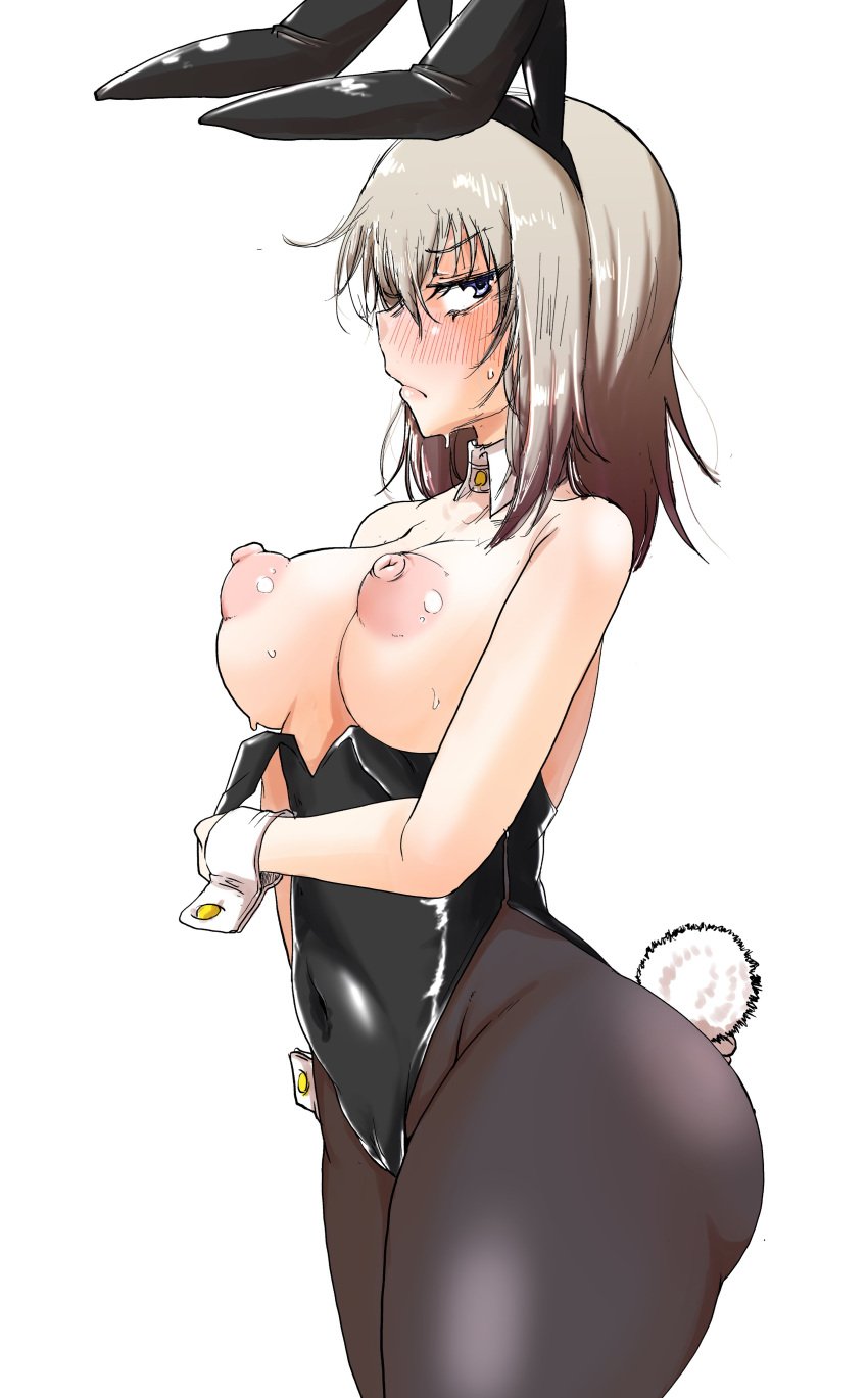 1girls blue_eyes blush breasts bunnysuit cameltoe cleft_of_venus fake_animal_ears female girls_und_panzer grey_hair itsumi_erika kami_ryuoo large_breasts leotard leotard_pull looking_at_viewer nipples pantyhose playboy_bunny puffy_nipples rabbit_ears solo sweat