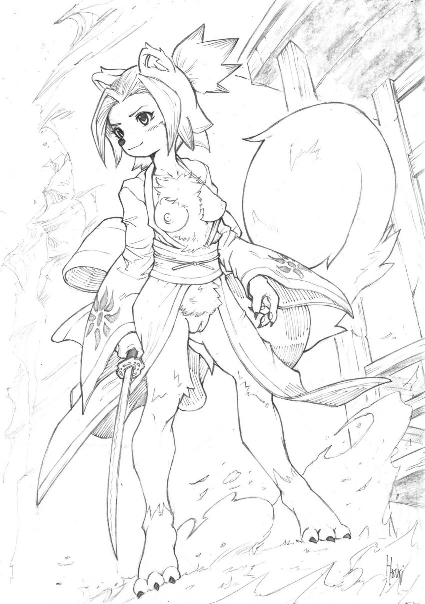 2020 2021 anthro artist_name asian_clothing barefoot breasts chest_tuft clothing east_asian_clothing exposed_breasts feet female genitals hair hasuki hi_res holding_melee_weapon holding_object holding_sword holding_weapon japanese_clothing kemono kimono melee_weapon monochrome outside ponytail pussy pussy_tuft smile solo sword tail traditional_media_(artwork) tuft weapon wind