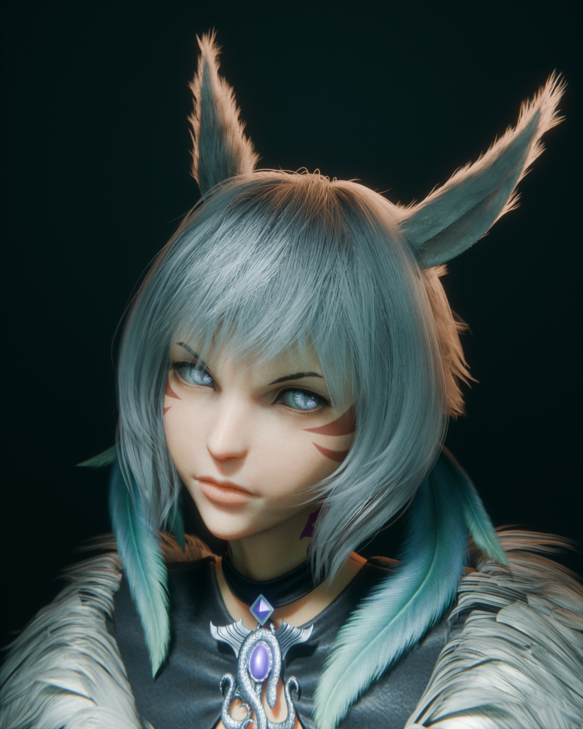 3d animal_ears clothed ears_up feathers final_fantasy final_fantasy_xiv glowing_eyes looking_at_viewer miqo'te tipsynd white_hair y'shtola