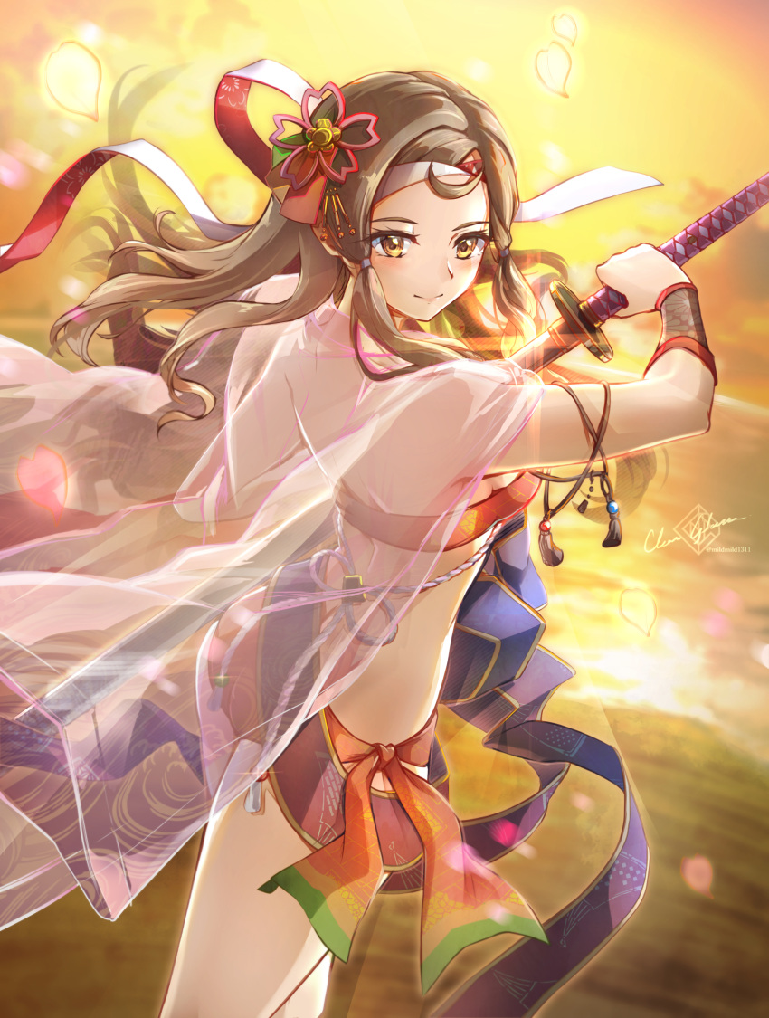 1girls alternate_costume armor ass beach big_ass bikini breasts brown_eyes brown_hair clear_glass_(mildmild1311) closed_mouth commission female female female_only fire_emblem fire_emblem_fates hana_(fire_emblem) headband highres holding holding_sword holding_weapon japanese_armor katana nintendo red_bikini red_swimsuit samurai small_breasts solo summer sunset swimsuit sword weapon