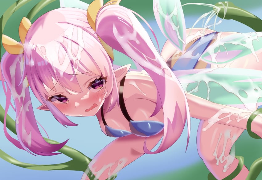 1girls ass blue_leotard blush breasts bukkake covered_in_cum cum cum_on_ass cum_on_body cum_on_clothes cum_on_hair ejaculation facial fairy fairy_wings female highres leaning_forward leotard long_hair open_mouth outdoors pink_eyes pink_hair pointy_ears rabi-ribi restrained ribbon ribbon_(rabi-ribi) small_breasts tentacle tentacle_on_female thighs twintails wings yuzi124