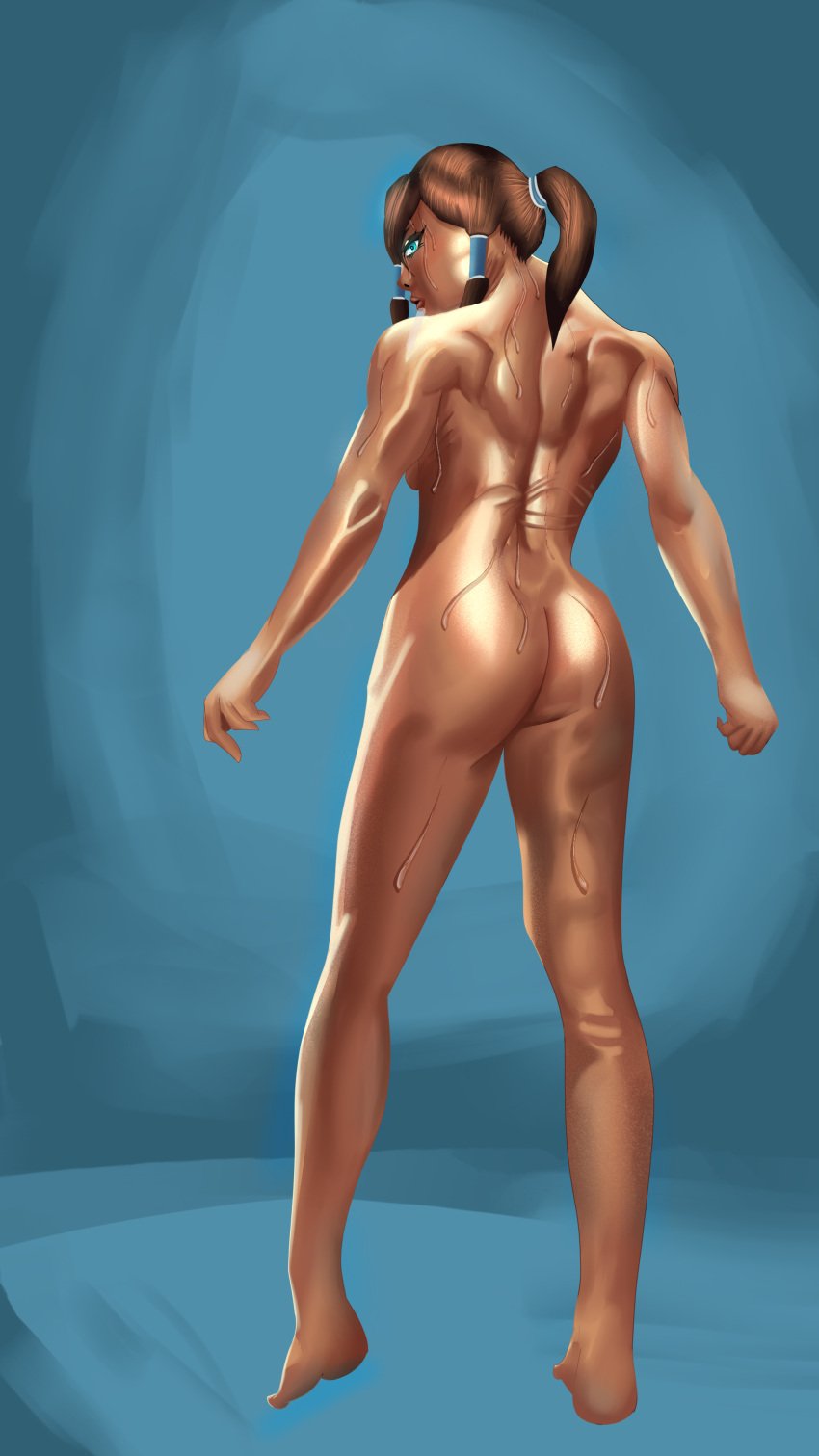 1girls avatar_legends back_view blue_eyes brown_hair dark_skin female fit fit_female fitness korra looking_at_viewer looking_back muscles muscular muscular_arms muscular_female muscular_thighs ponytail ripped self_upload sweat the_avatar the_legend_of_korra water_tribe wet workout