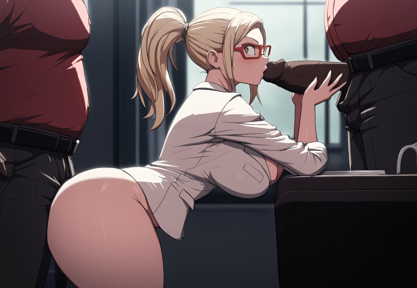 1girls 2boys ai_generated akiyama_kaede bending_over big_penis blonde_hair blush clothed clothing dark-skinned_male dark_skin from_side huge_cock imminent_penetration indoors kengan_(series) large_penis leaning_forward light-skinned_female light_skin long_penis looking_back mmf_threesome novelai oral oral_sex pale-skinned_female pale_skin partially_clothed penis ponytail shirt sideboob thick_thighs thighs threesome white_shirt white_skin