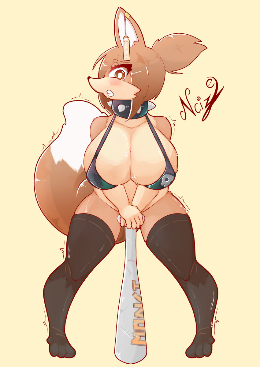 absurd_res anthro big_breasts bikini blush breasts brown_body brown_fur canid canine clothed clothing collar colored digital_media_(artwork) embarrassed female fox fur hi_res mammal ncize skimpy solo spikes