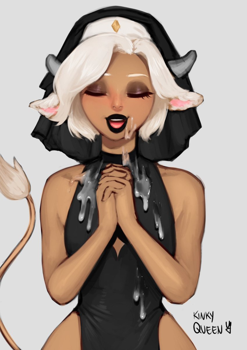 1girls black_eyeshadow black_lipstick closed_eyes cow_ears cow_girl cow_tail cum cum_on_clothes cum_on_face female female_only goat_ears goat_girl goat_horns grey_background hi_res horns my_kinky_queen nun nun_hat open_mouth portrait praying solo tail tail_tuft white_hair