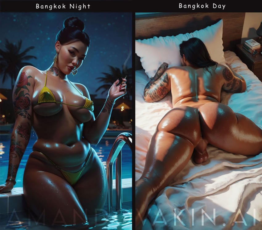 ai_generated amandovakin ass back balls big_ass bikini femboy futanari ladyboy nipple_bulge pool poolside prostitution shemale tattoo thick_thighs trap