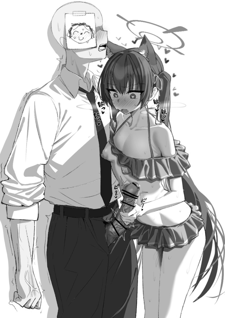 1boy animal_ear_fluff animal_ears bar_censor bikini blue_archive blush breasts broccoli_(broccoli2626) cat_ears censored collarbone collared_shirt cute_fang doodle_sensei_(blue_archive) female frilled_bikini frills greyscale halo heart highres long_hair monochrome necktie nipples oerba_yun_fang official_alternate_costume open_mouth pants penis sensei_(blue_archive) serika_(blue_archive) serika_(swimsuit)_(blue_archive) shirt simple_background small_breasts swimsuit twintails white_background