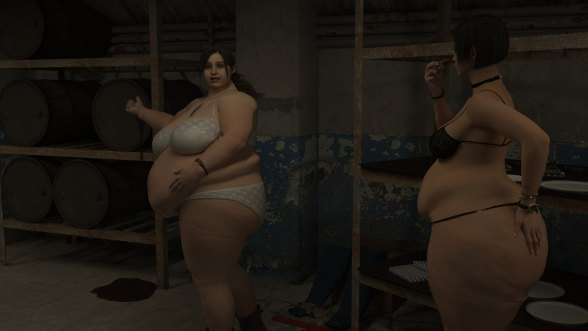 2girls 3d ada_wong ass belly big_ass big_belly bra capcom cellulite claire_redfield fat fat_ass fat_belly fat_woman female morbidly_obese morbidly_obese_female obese obese_female overweight overweight_female panties persondudemanguy resident_evil weight_gain