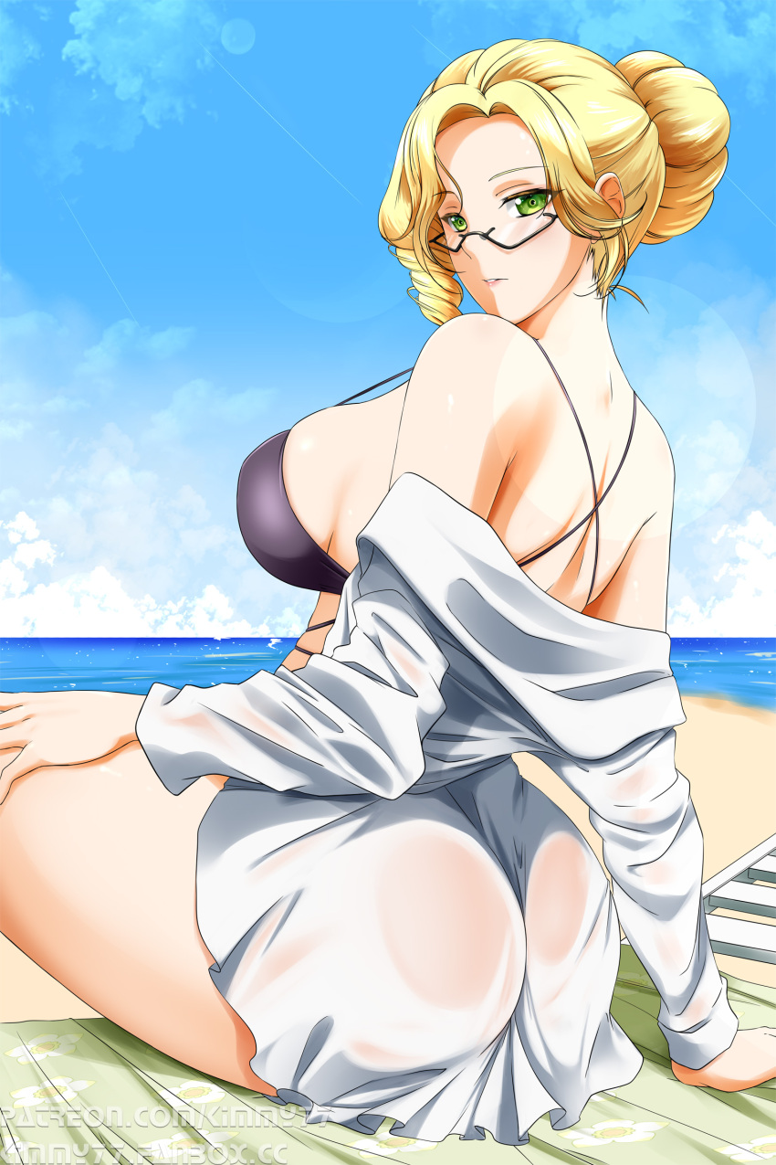 1girls alternate_version_available ass beach big_breasts bikini bikini_top black_bikini black_glasses blonde_hair breasts eyewear female female_only glasses glynda_goodwitch green_eyes hair hair_bun kimmy77 looking_back mature mature_female mature_woman milf open_shirt rwby shirt shoulders solo solo_female swimwear thighs topwear white_shirt