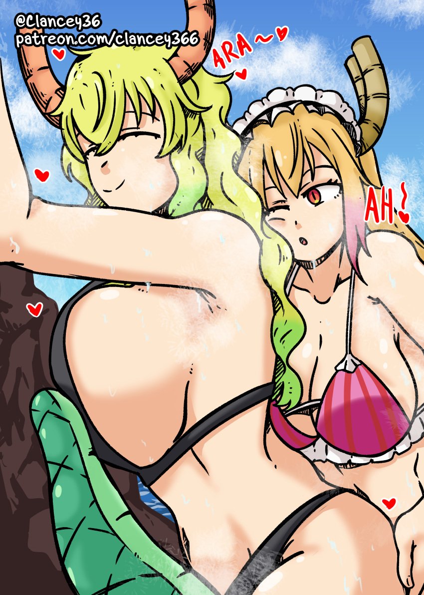 2girls armpits ass_grab beach bikini breast_size_difference clancey366 closed_eyes dragon_humanoid horns huge_breasts large_breasts lucoa lucoa_(maidragon) maid_headdress miss_kobayashi's_dragon_maid quetzalcoatl_(dragon_maid) side_view sideboob smile swimsuit tohru_(dragon_maid)