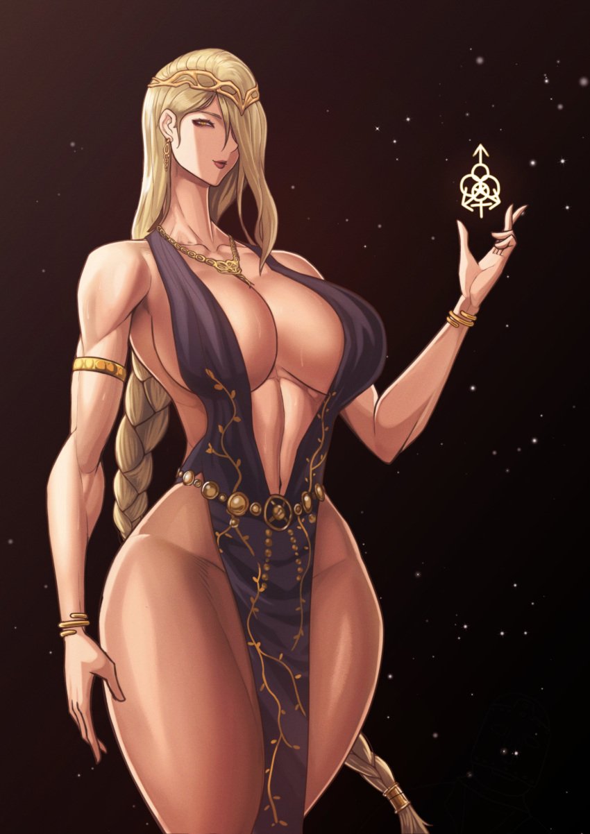 1girls alternate_version_available big_breasts blonde_hair braid cleavage dress elden_ring female female_only fromsoftware kingbang kongman99 milf navel queen_marika_the_eternal solo sweat thick_thighs wide_hips