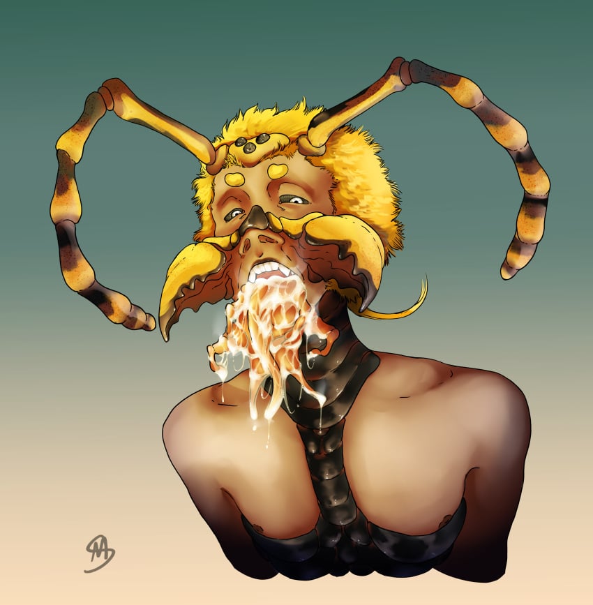 absurd_res airren animal_humanoid antennae_(anatomy) arthropod arthropod_humanoid bodily_fluids cum cum_in_mouth cum_inside exoskeleton genital_fluids hair hi_res hornet horror_(theme) humanoid hybrid hymenopteran hymenopteran_humanoid insect_humanoid insects male mandibles nipples nude open_mouth simple_background solo taur tentacle tentacle_tongue tongue vespid wasp