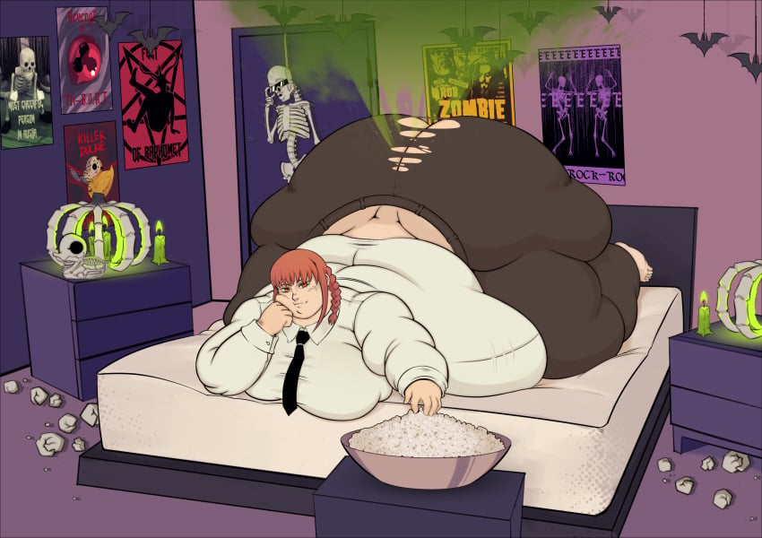 1girls ass bbw bed bedroom big_ass big_breasts breasts captainsoapbeard chainsaw_man fart fart_cloud fart_fetish farting fat fat_ass fat_rolls fat_woman female food halloween huge_ass makima_(chainsaw_man) massive_ass morbidly_obese obese obese_famale on_bed on_stomach overweight overweight_female red_hair solo solo_female ssbbw thick_thighs thunder_thighs torn_clothes ych_result yellow_eyes