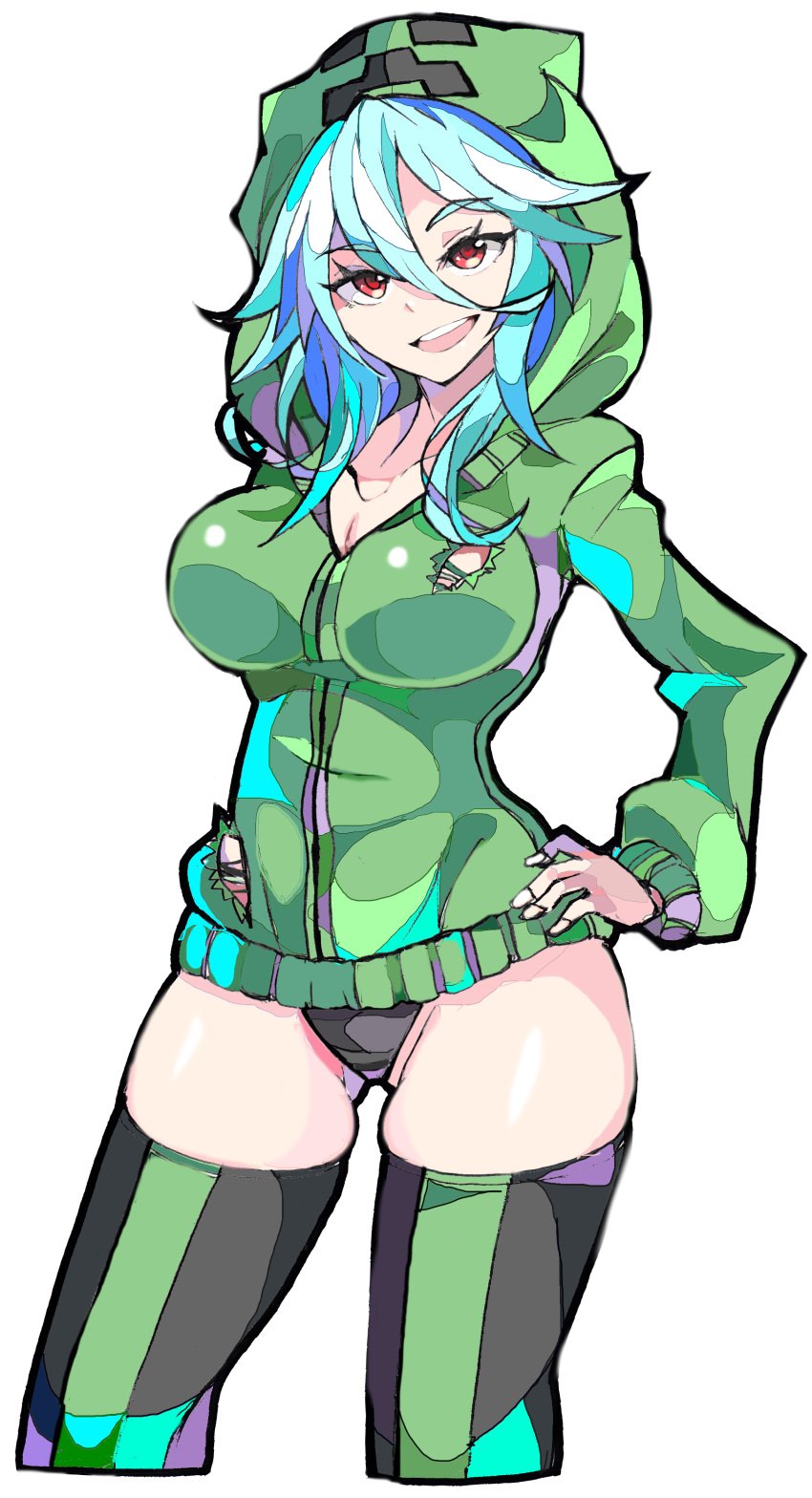 black_panties blue_hair creeper creeper_(minecraft) creeper_girl cupa cyan_hair enpe female female_only human humanoid minecraft minecraft_xxx mob_talker no_pants panties red_eyes short_hair solo