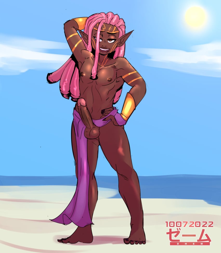 2022 beach black_fingernails black_nail_polish black_nails commission dark-skinned_femboy dark-skinned_male dark_skin darkplot dhemuth dreadlocks elf_ears erect_penis erection femboy feminine_male hand_on_hip hands_behind_head long_dreadlocks long_hair oc original_character painted_fingernails painted_nails penis pink_hair seductive seductive_look seductive_smile sissy solo_male sunny